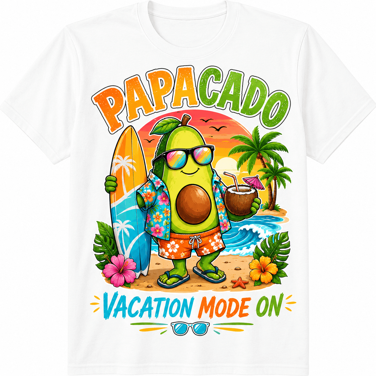 Funny Papacado Vacation Mode On Avocado Hawaiian Beach Graphic T Shirt for Adults Summer Tropical Surf Coconut Funny Vacation Tee Unisex Casual Holiday Travel Graphic Shirt Gift for Avocado Lovers