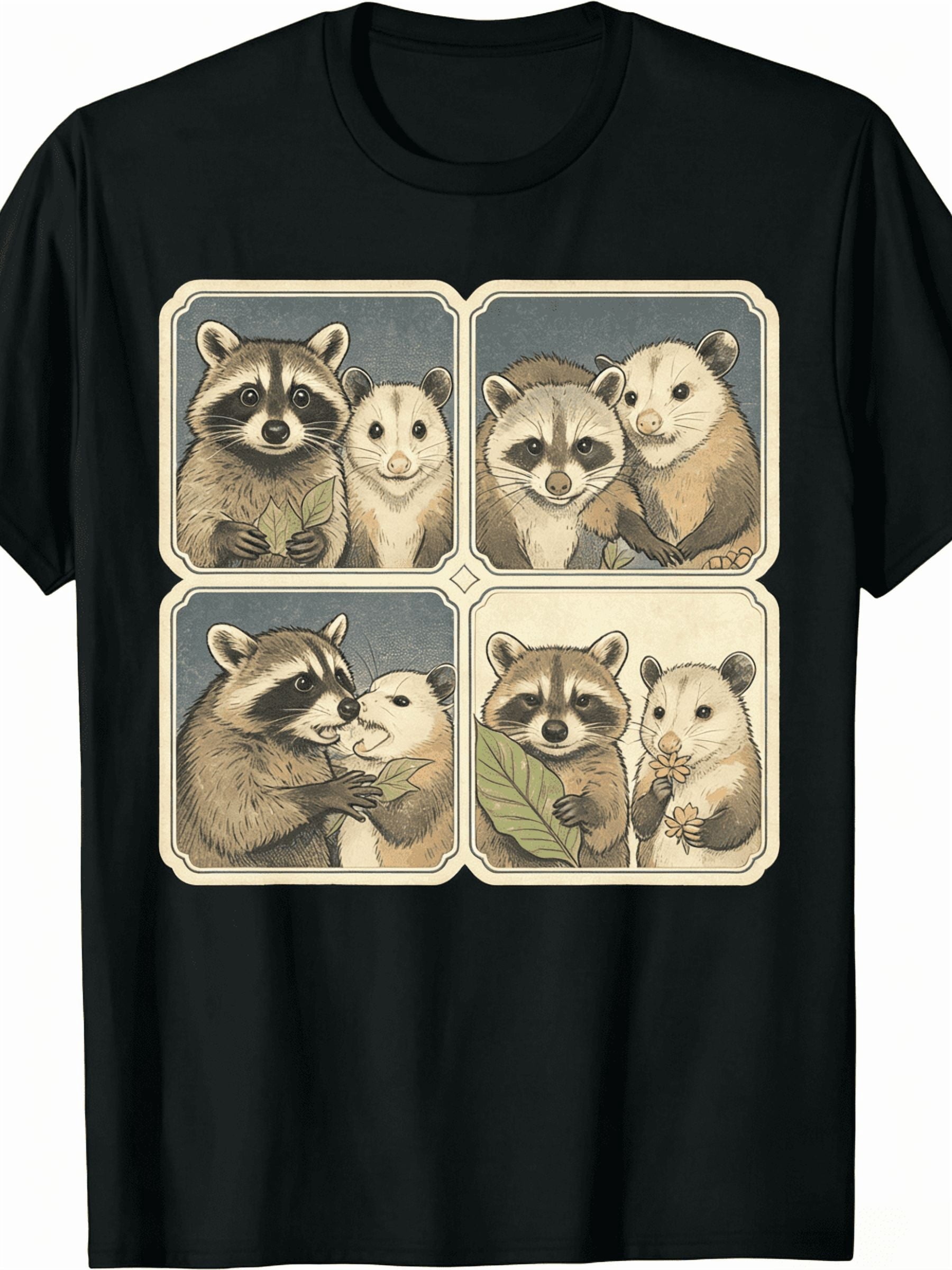 Funny Possum Raccoon Photobooth Selfie T-Shirt - Retro Vintage 4 Poses (Front Profile Side Back)
