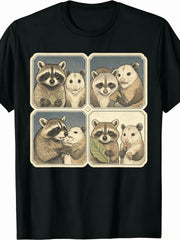Funny Possum Raccoon Photobooth Selfie T-Shirt - Retro Vintage 4 Poses (Front Profile Side Back)