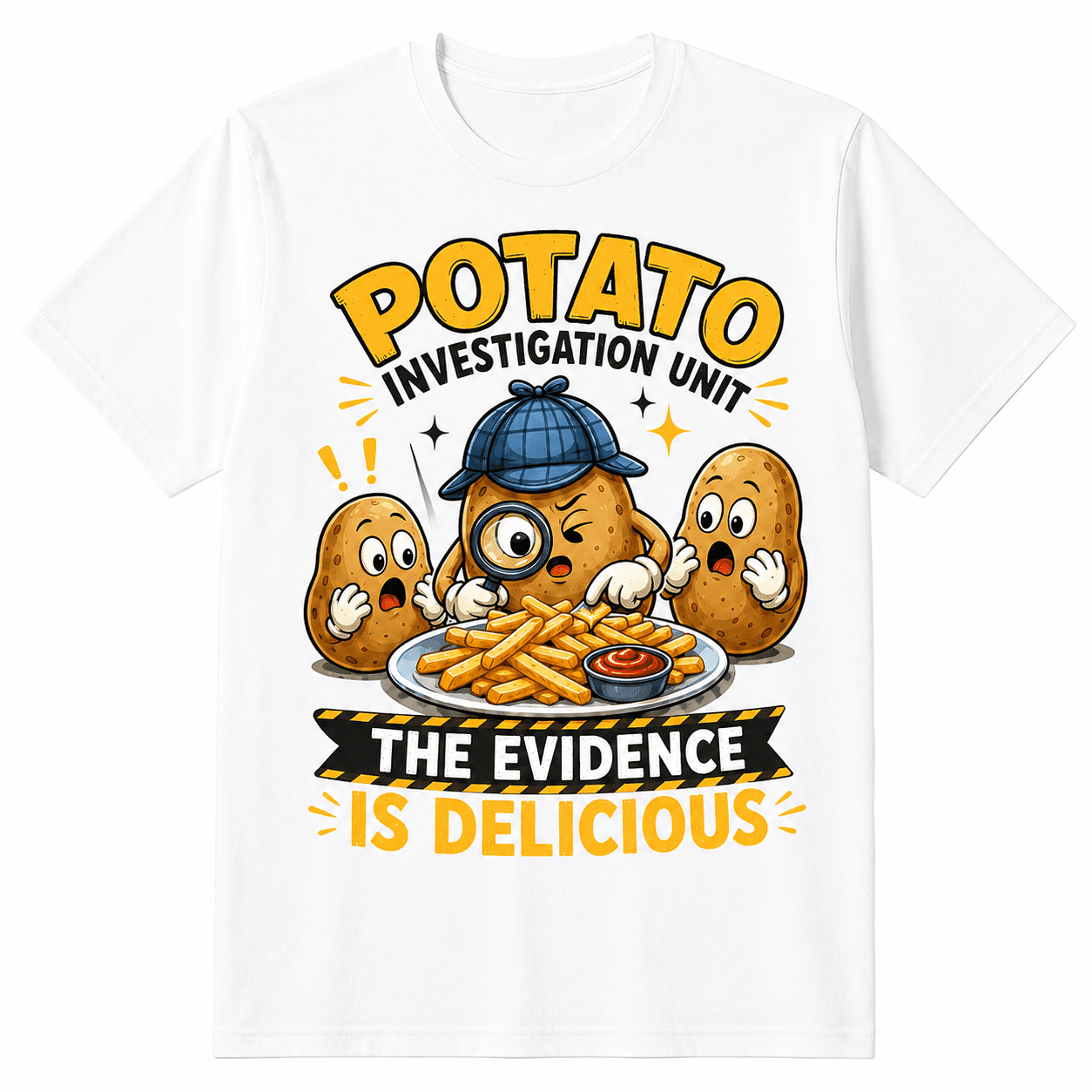 Funny Potato Investigation Unit Graphic T-Shirt for Men Women, The Evidence Is Delicious Food Humor Shirt, Potato Lover Gift, Funny Meme Tee, Foodie Gift, Novelty Food Pun Graphic T-Shirt