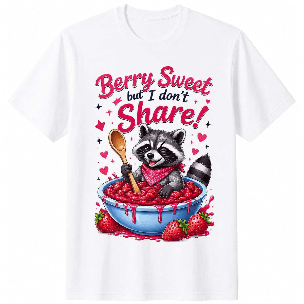 Funny Raccoon Strawberry Jam T-Shirt for Women, Cute Berry Sweet Graphic Tee, Cartoon Animal Lover Shirt, Casual Summer Crew Neck Top, Gift for Moms, Girls and Raccoon Fans