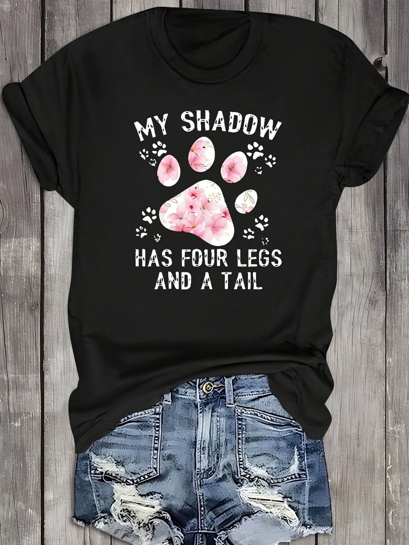 Funny My Shadow Has Four Legs and A Tail Pet Lover Graphic Tee, Women's Summer Casual Short Sleeve T-Shirt, Cute Dog Cat Paw Print Round Neck Top for Daily Wear