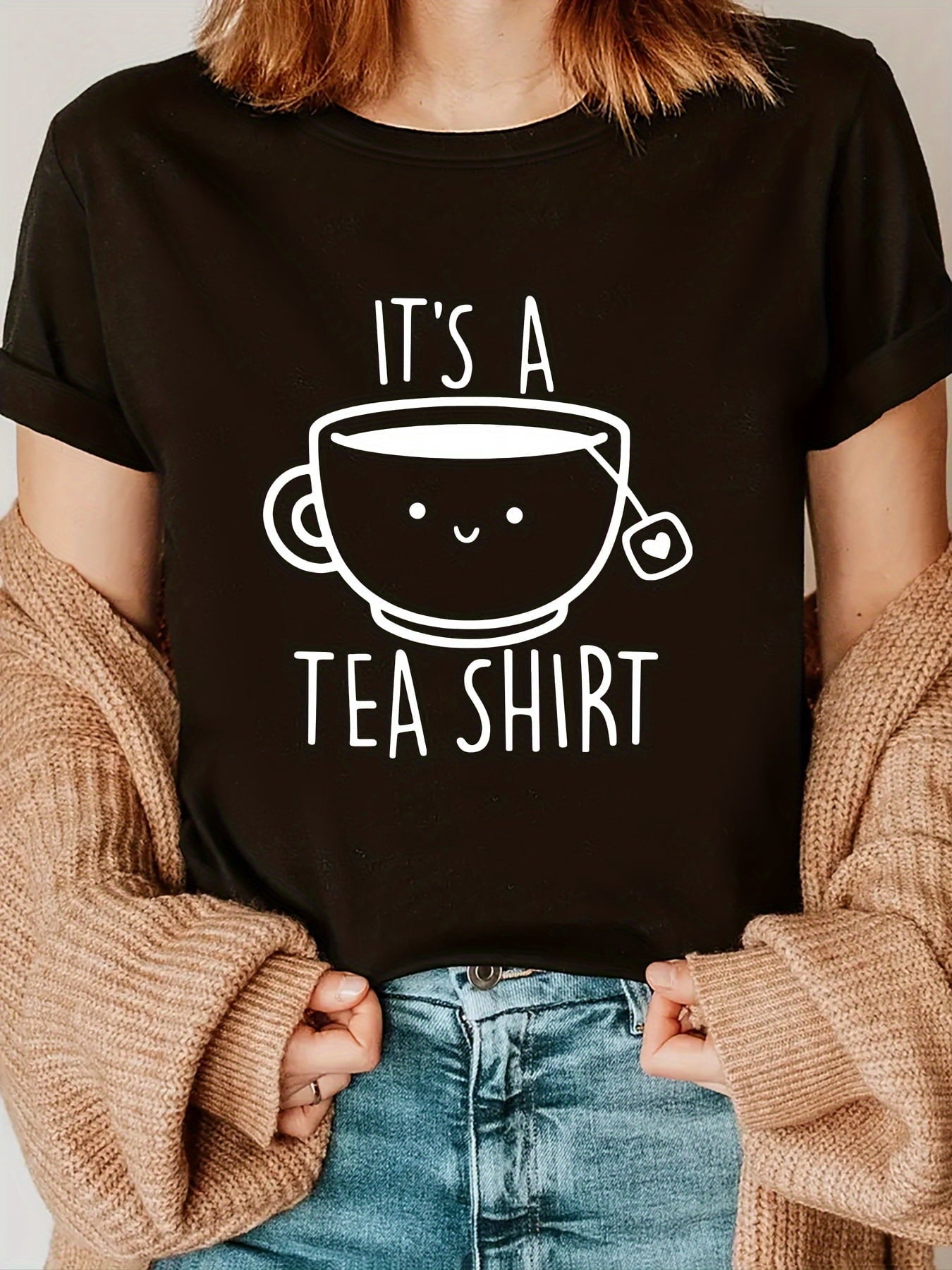 Funny Tea Lover Graphic T-Shirt for Women, Cute Tea Cup Illustration Casual Crew Neck Short Sleeve Tee, Soft Comfortable Summer Gift for Tea Enthusiasts