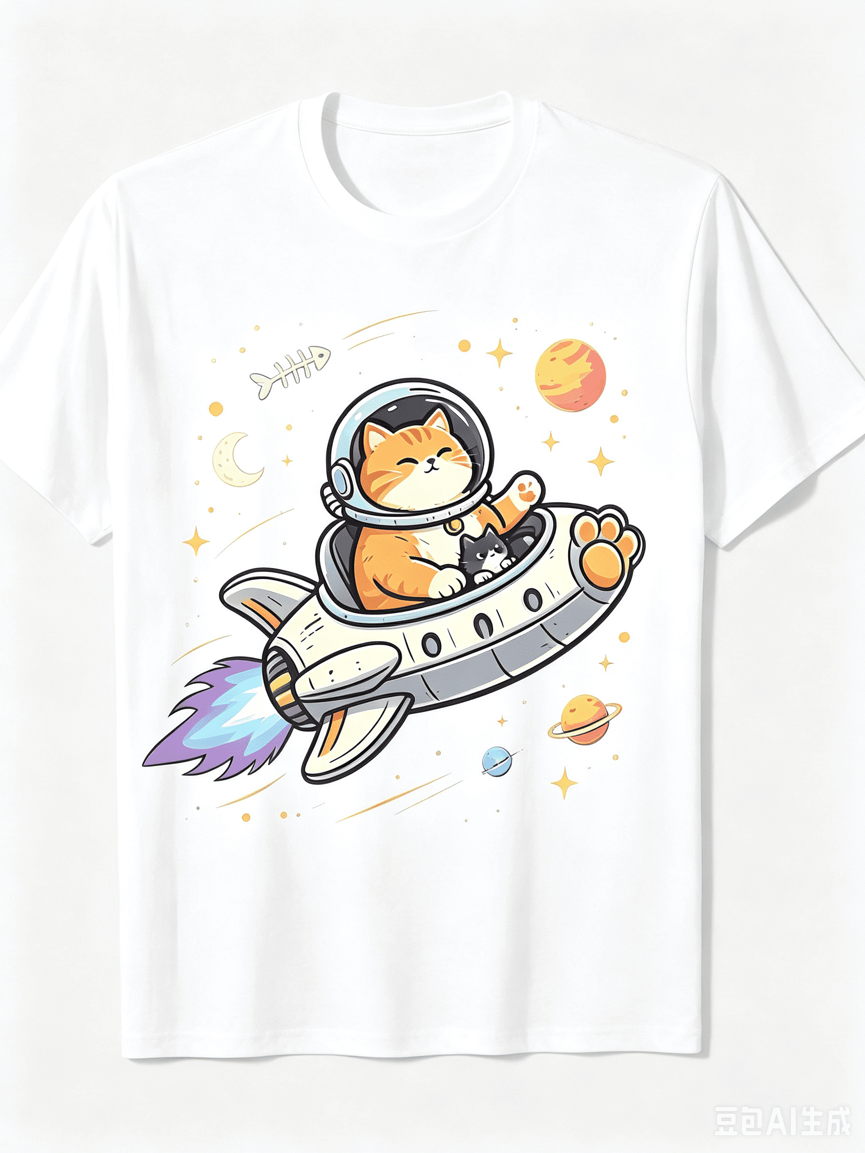 Funny UFO Space Cats Graphic T-Shirt, Cute Galaxy Astronaut Kitten Short Sleeve Tee, Casual Crew Neck Pet Cat Lover Daily Wear Top, Novelty Cartoon Planet Print Basic Shirt Gift for Men Women Summer