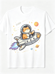 Funny UFO Space Cats Graphic T-Shirt, Cute Galaxy Astronaut Kitten Short Sleeve Tee, Casual Crew Neck Pet Cat Lover Daily Wear Top, Novelty Cartoon Planet Print Basic Shirt Gift for Men Women Summer