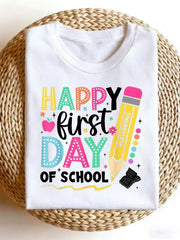 Funny Vintage Graphic Women's T-Shirt Happy First Day of School Teacher Girls Short Sleeve Tees