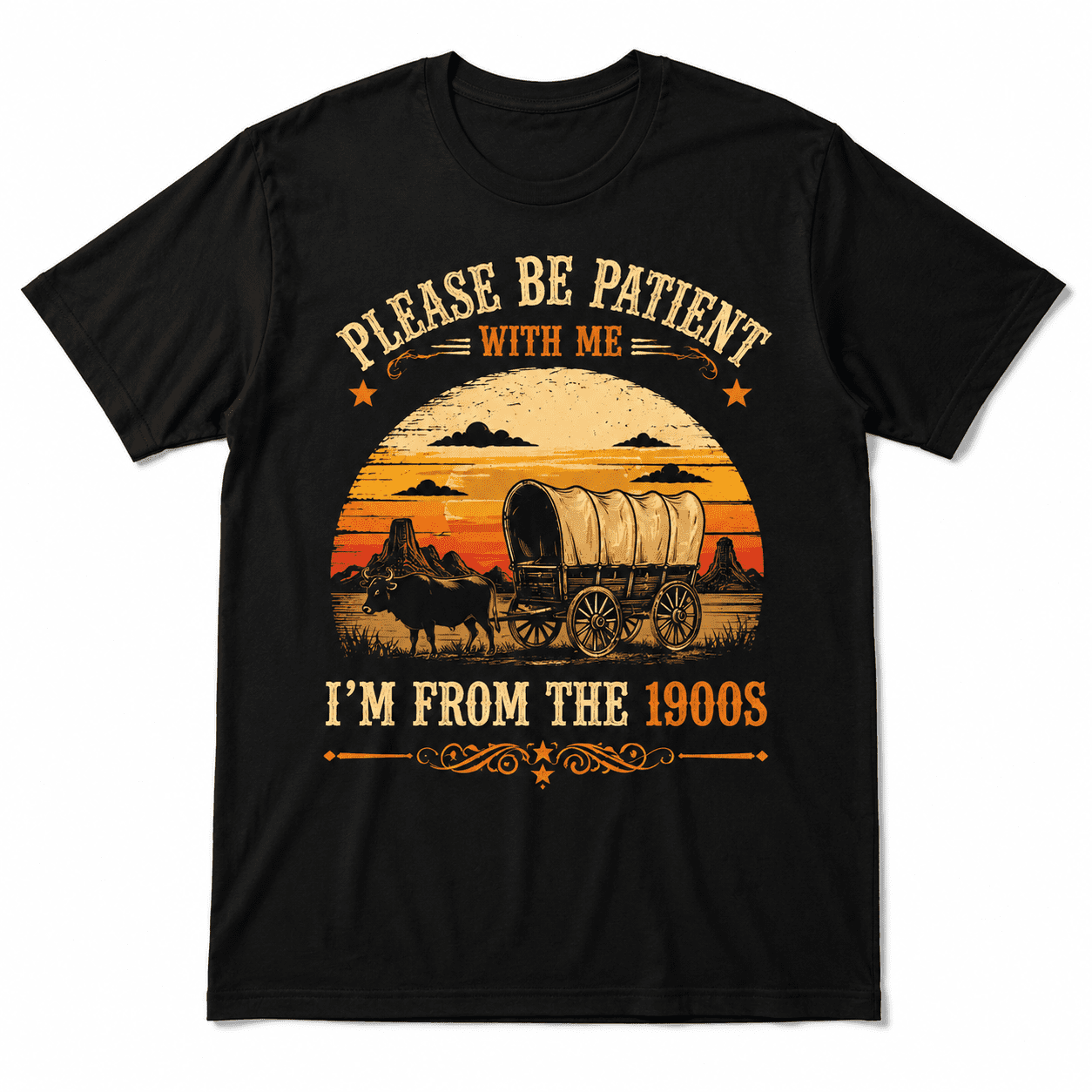Funny Vintage Western Wagon T-Shirt, Please Be Patient I'm From The 1900s Graphic Tee, Retro Cowboy Sunset Shirt for Men Women