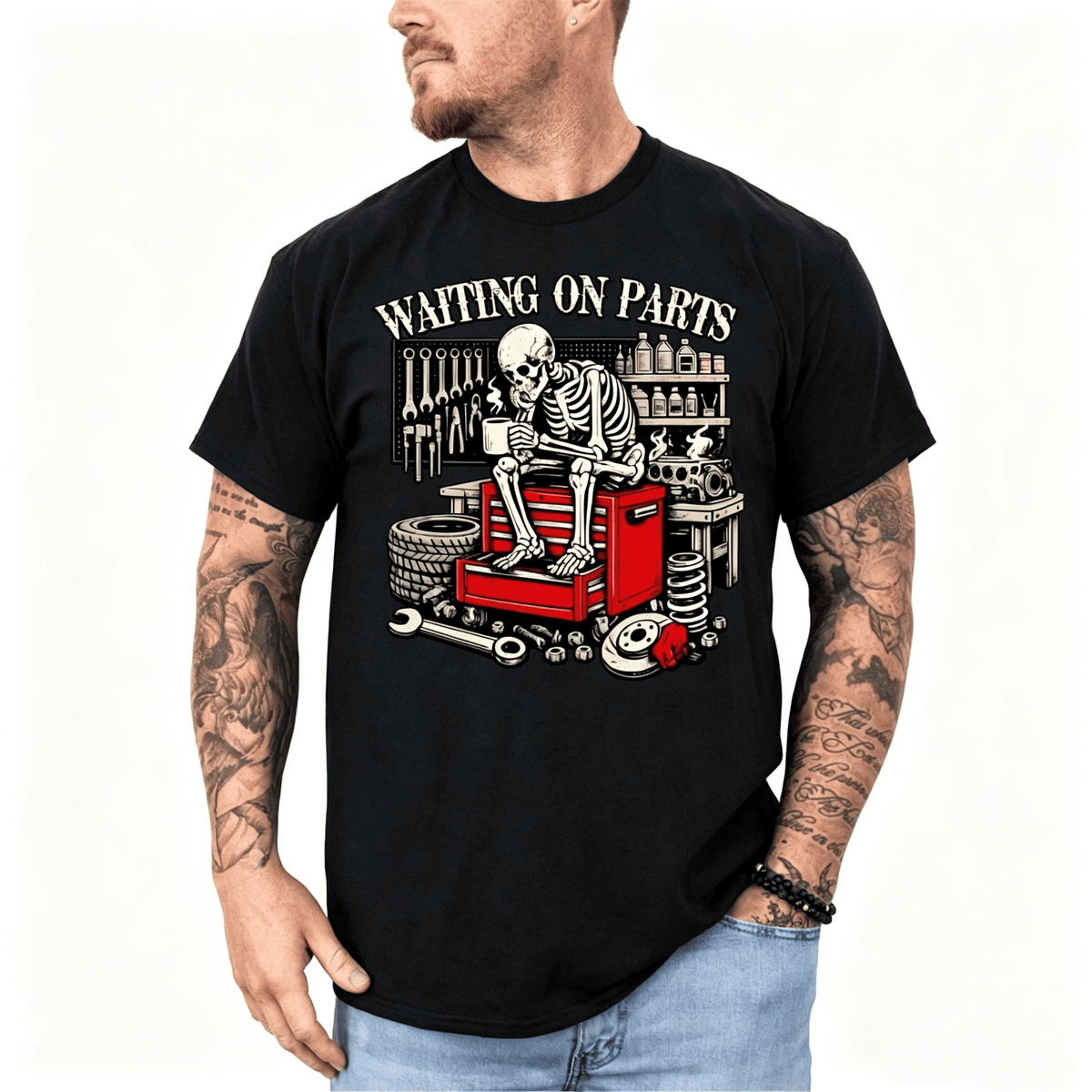 Funny Waiting On Parts Mechanic Skeleton Auto Repair Life Retro T-Shirt