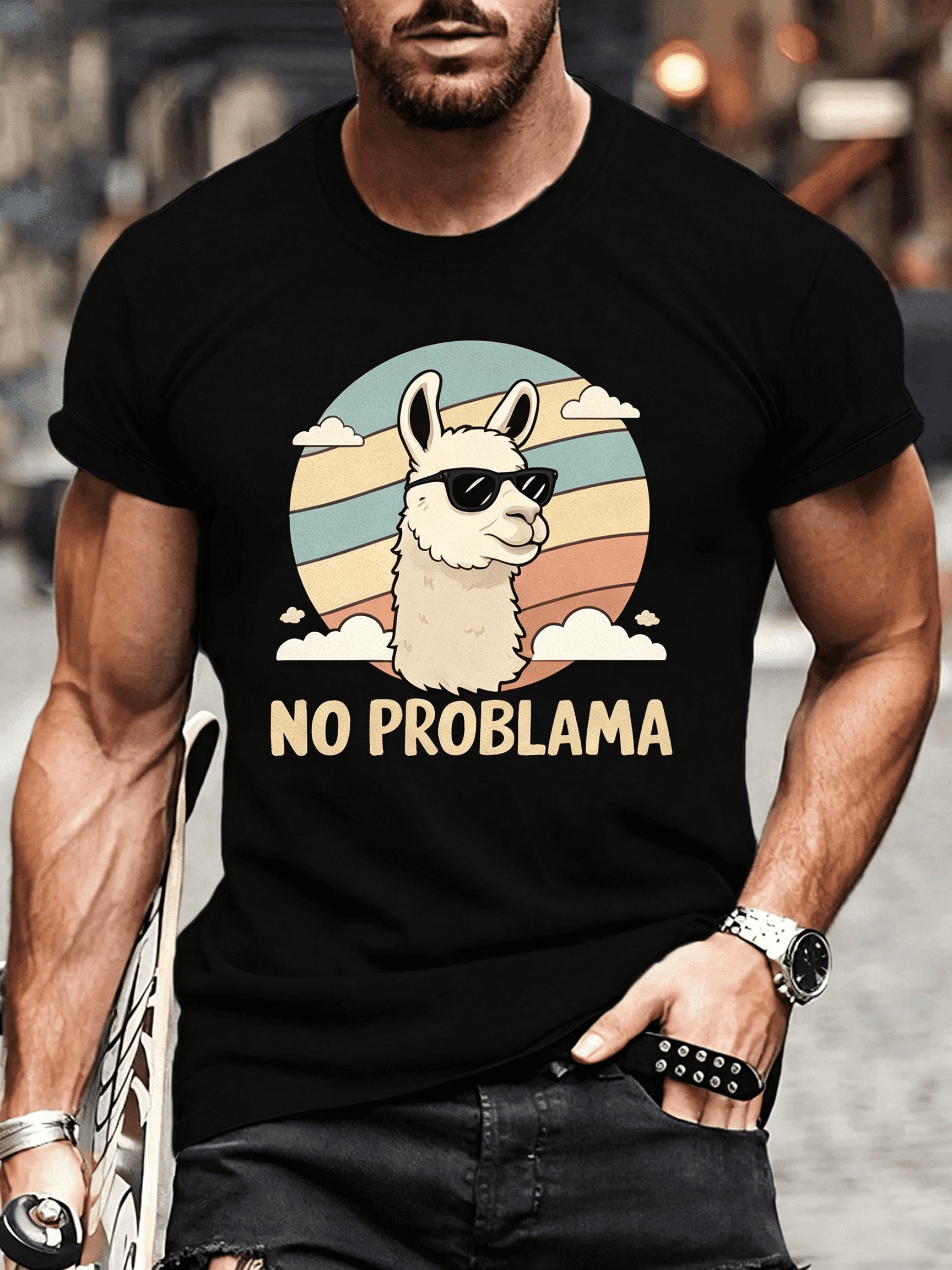 Glasses NO PROBLAMA Llama Illustration Print T-Shirt, Tees for Men, Casual Short Sleeve T-Shirt