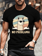 Glasses NO PROBLAMA Llama Illustration Print T-Shirt, Tees for Men, Casual Short Sleeve T-Shirt