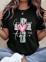 God Is Good All The Time Christian Cross Heart T Shirt For Women Faith Inspired Religious Top Cute Summer Outfit Mother Day Gift Idea