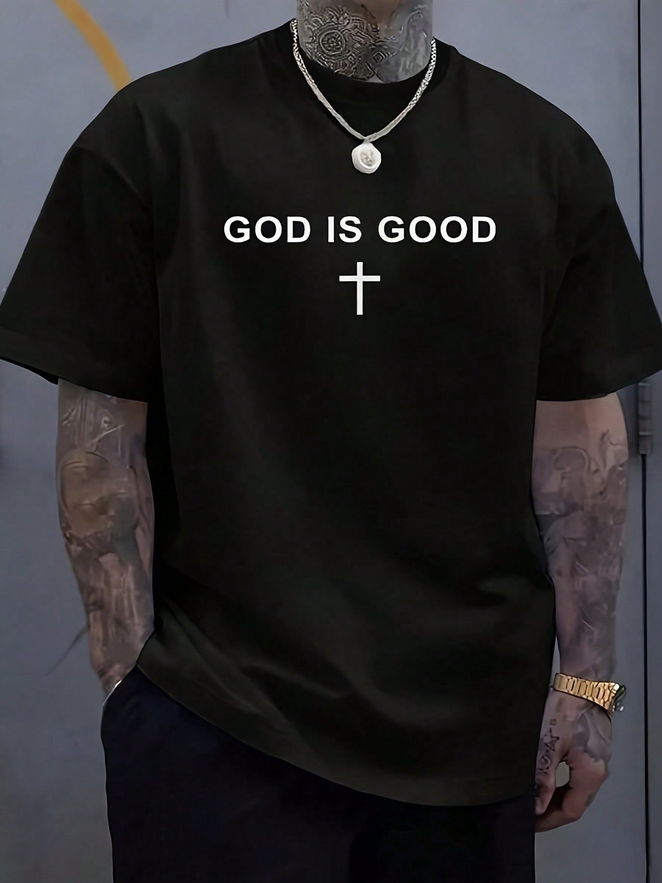 God Is Good Christian Graphic T-Shirt for Men, Inspirational Faith Cross Print Crew Neck Short Sleeve Casual Cotton Tee