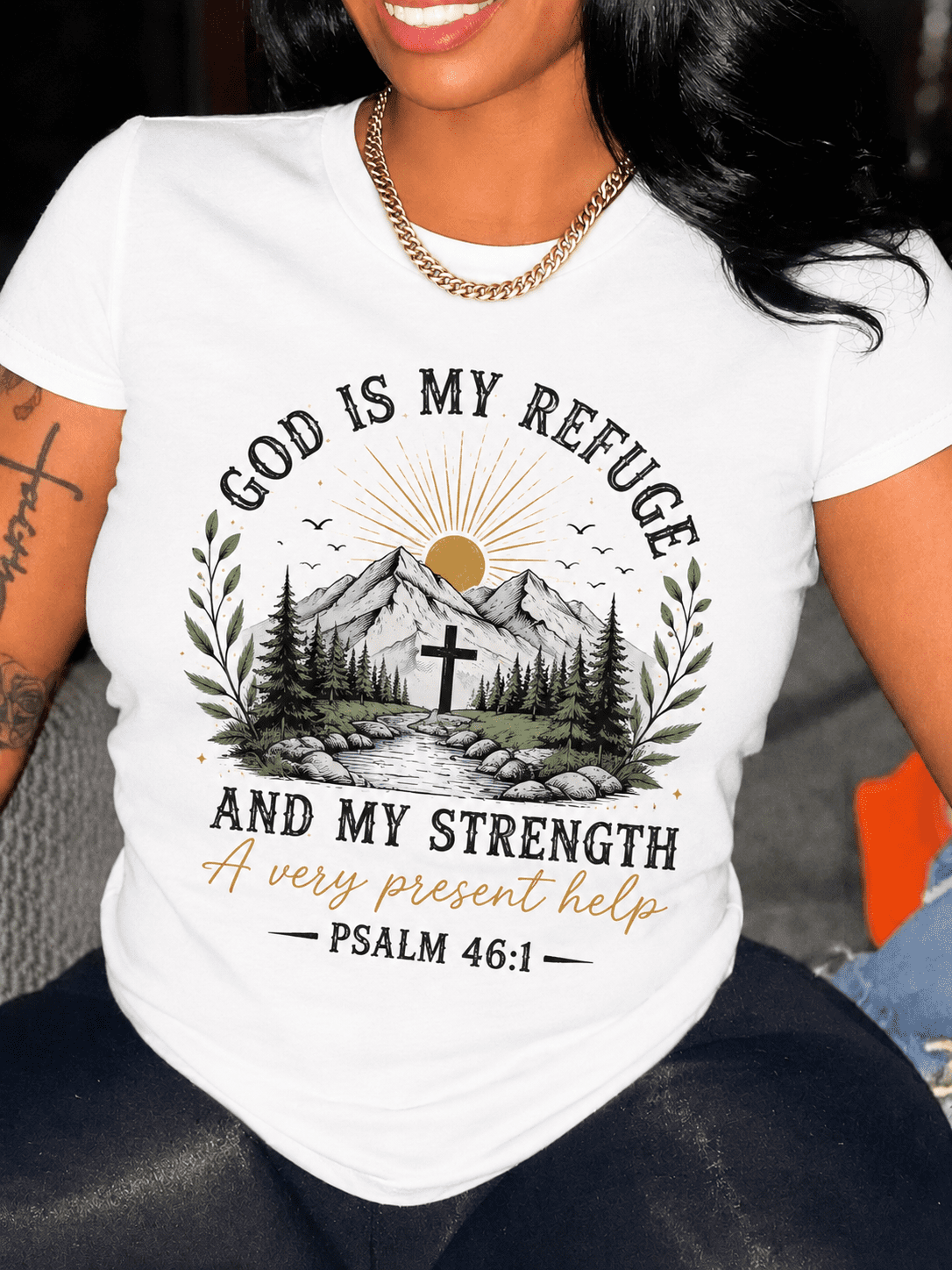 God Is My Refuge And My Strength Psalm 46:1 Christian Graphic T-Shirt Women Mountain Pine Tree Cross Sunburst Bible Verse Religious Church Short Sleeve Casual Tee
