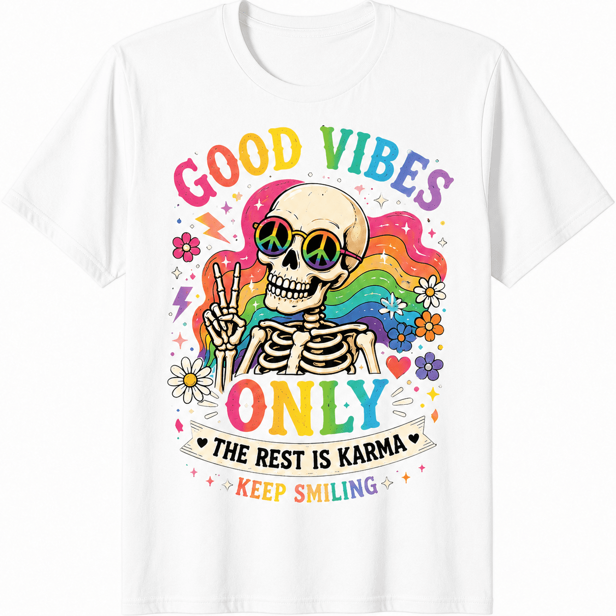 Good Vibes Only Skeleton Graphic T-Shirt for Men Women, Retro Vintage Rainbow Skull Peace Sign Funny Graphic Tee, Hippie Positive Vibes Casual Short Sleeve Gift Shirt