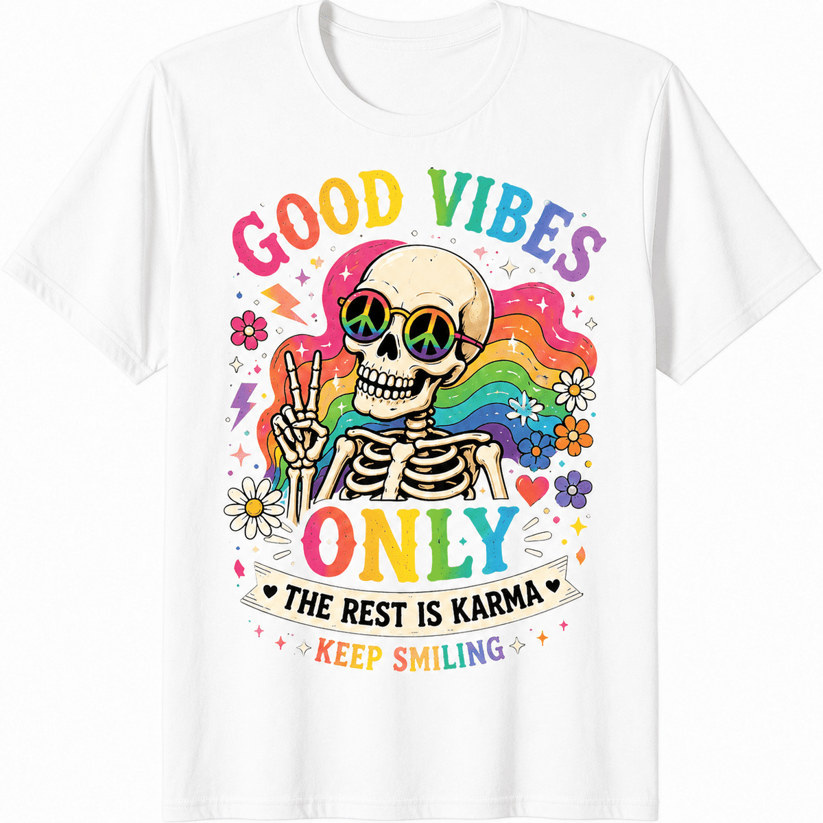 Good Vibes Only Skeleton Graphic T-Shirt for Men Women, Retro Vintage Rainbow Skull Peace Sign Funny Graphic Tee, Hippie Positive Vibes Casual Short Sleeve Gift Shirt