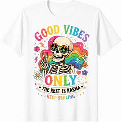 Good Vibes Only Skeleton Graphic T-Shirt for Men Women, Retro Vintage Rainbow Skull Peace Sign Funny Graphic Tee, Hippie Positive Vibes Casual Short Sleeve Gift Shirt