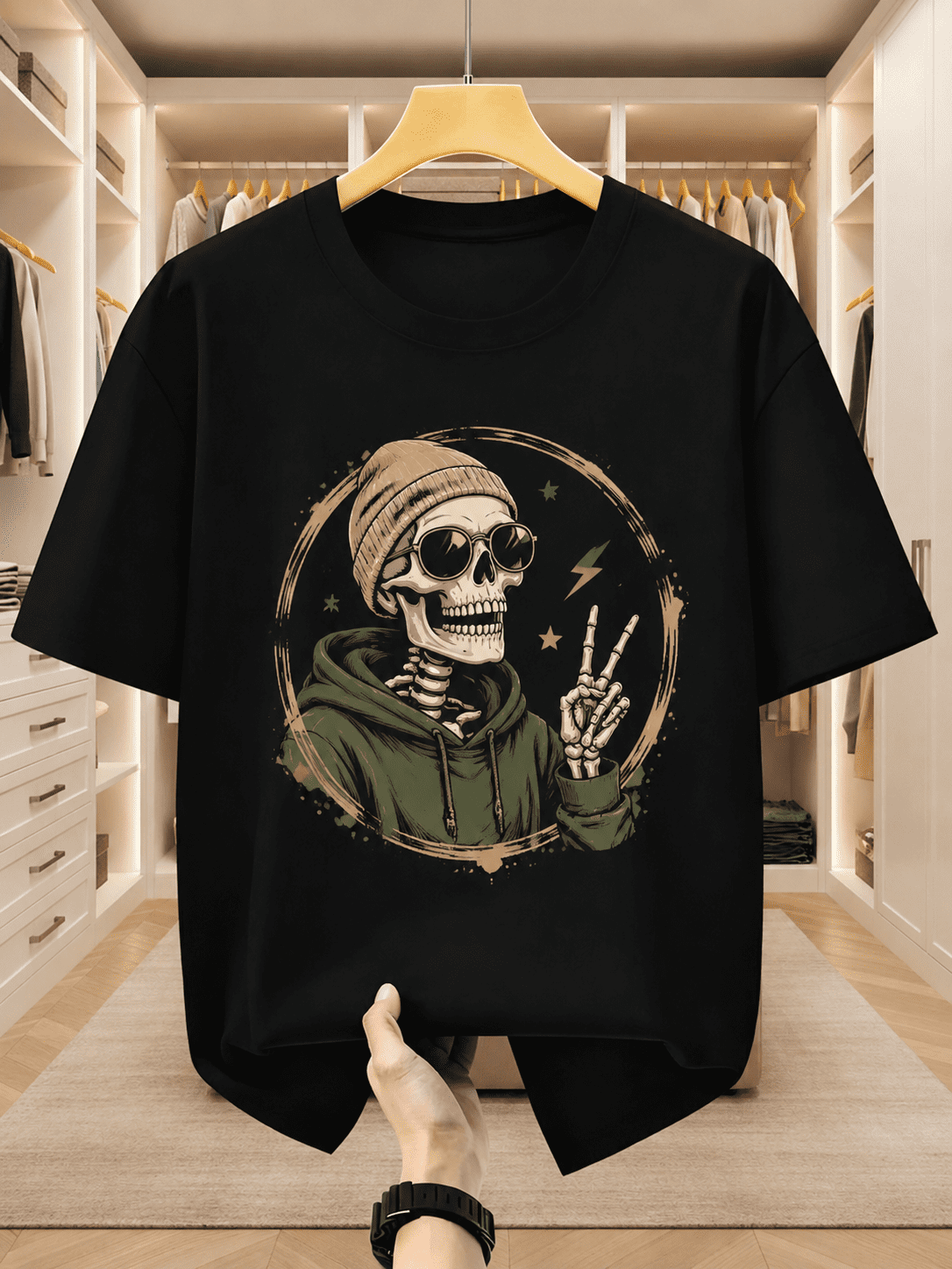 Gothic Cool Skull Making Peace Gesture Graphic Tee, Retro Rock Lightning Star Distressed Circle Short Sleeve Tshirt for Men Women