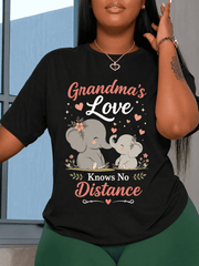 Grandma's Love Knows No Distance Elephant Graphic T-Shirt for Women, Cute Family Love Quote Short Sleeve Casual Crew Neck Tee