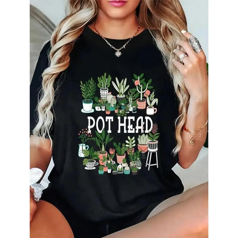 Graphic Succulent Pot Head Short Sleeve Tops - Aesthetic Everyday Essential Sports Top