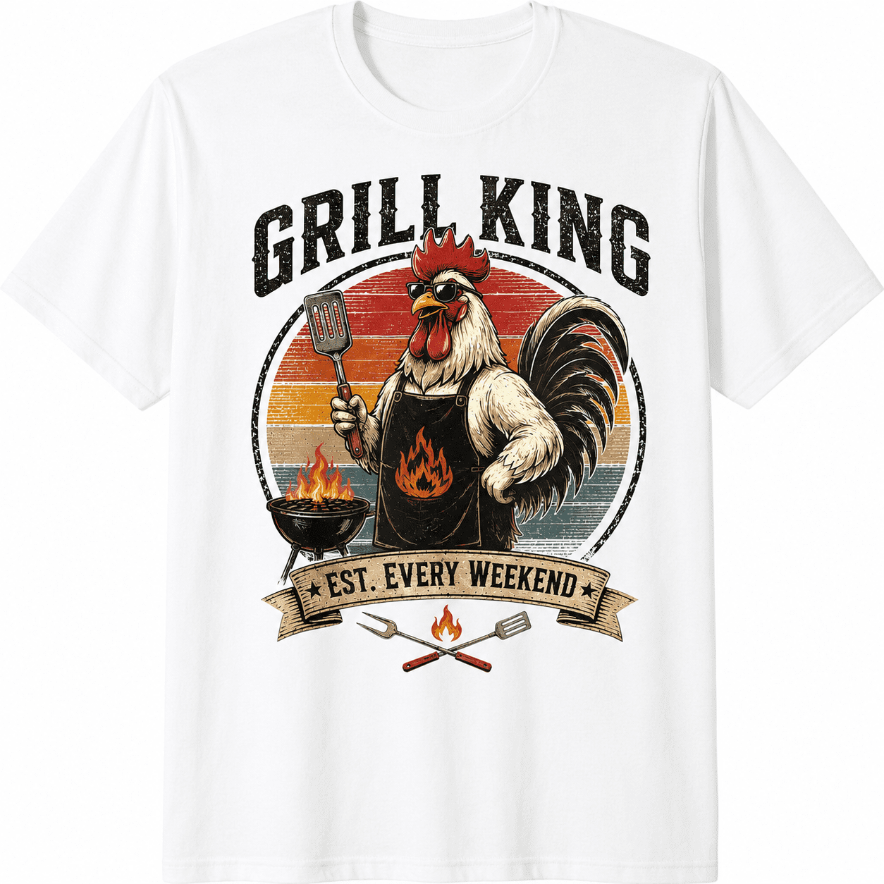 Grill King BBQ Rooster T-Shirt Funny Backyard Barbecue Graphic Tee for Men