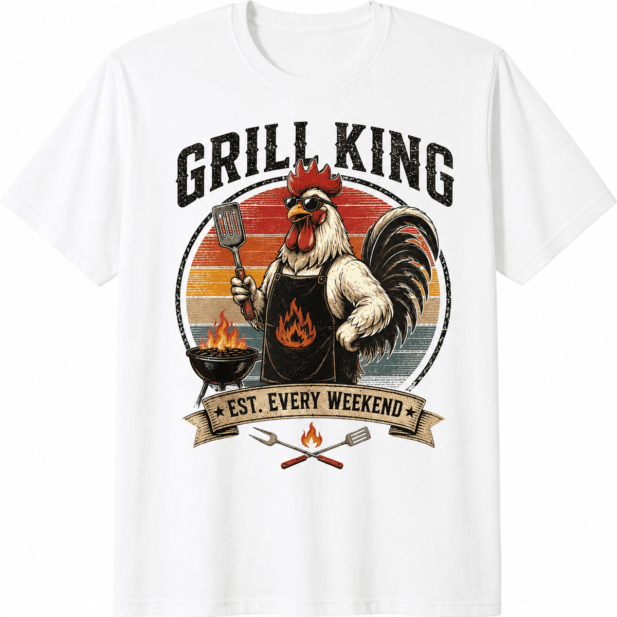 Grill King BBQ Rooster T-Shirt Funny Backyard Barbecue Graphic Tee for Men