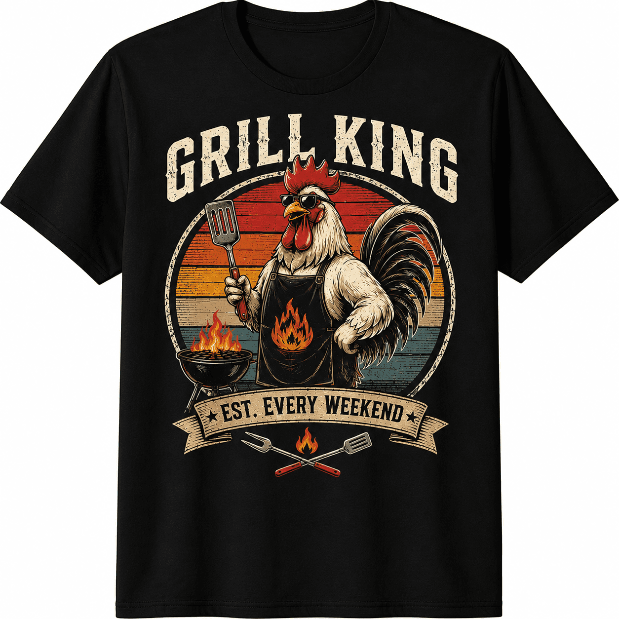 Grill King BBQ Rooster T-Shirt Funny Backyard Barbecue Graphic Tee for Men