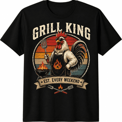Grill King BBQ Rooster T-Shirt Funny Backyard Barbecue Graphic Tee for Men