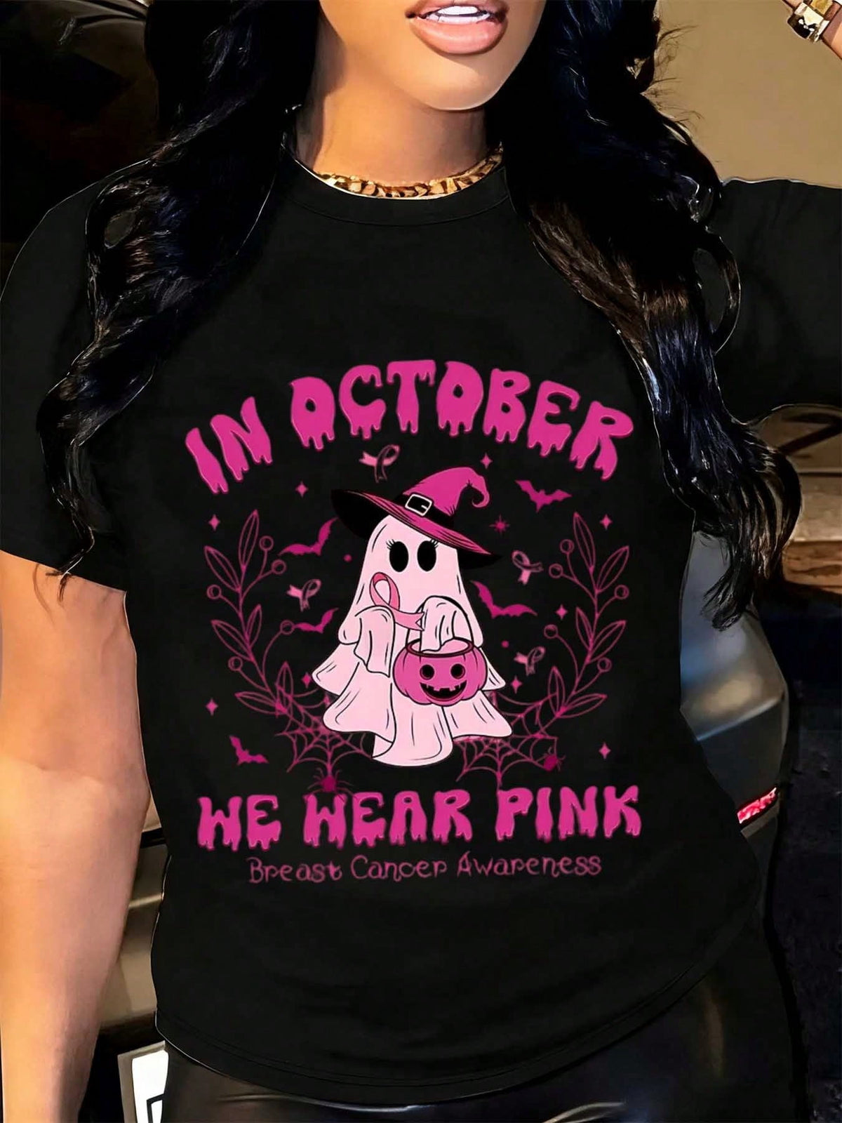 Halloween Women's T-Shirt Breast Cancer Awareness Shirt In October We Hear Pink Ghost Witch Hat Pumpkin Bucket Print Casual Daily Wear Top