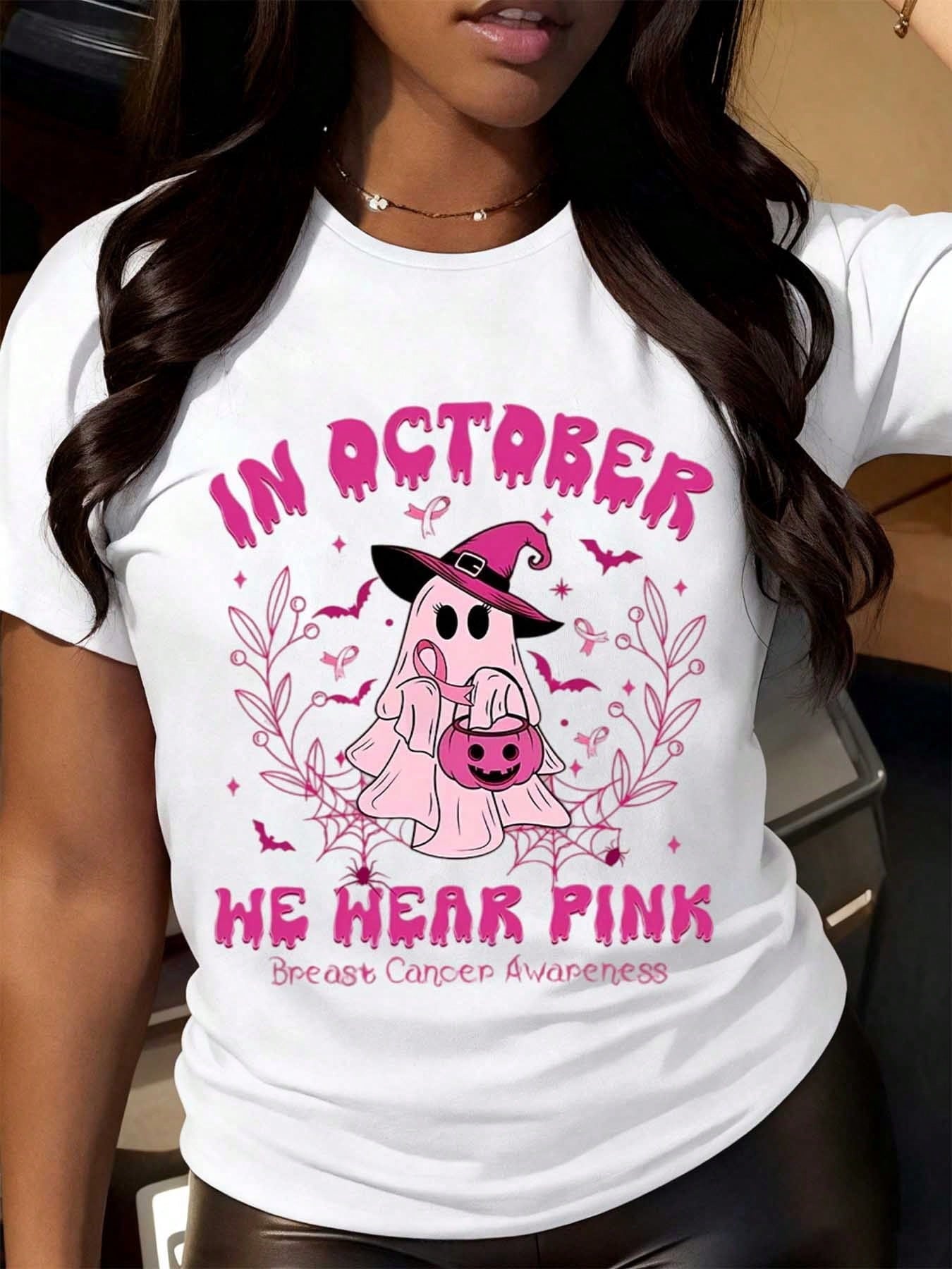 Halloween Women's T-Shirt Breast Cancer Awareness Shirt In October We Hear Pink Ghost Witch Hat Pumpkin Bucket Print Casual Daily Wear Top