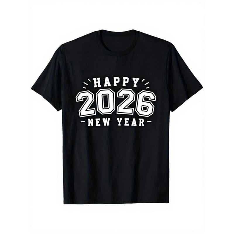 Happy 2026 New Year Black T-Shirt for Men & Women - Unisex Short Sleeve Crewneck with White 2026 Number Print, White Lettering & Year Design, Casual Party Outfit, Comfortable Streetwear