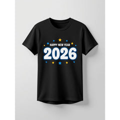 Happy New Year 2026 Graphic Print Black T Shirt Casual Daily Party Celebration Short Sleeve Tee Top for Men Women Round Neck, Summer, Elegant Crew Neck Shirt, Casual Wear, Casual Top for Adults