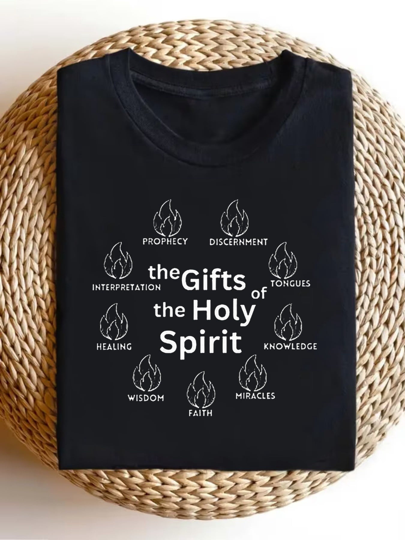 Holy Spirit Nine Spiritual Gifts Flame Unisex T-Shirt, All Season Faith Inspired Graphic Top, Simple Christian Wear For Worship And Daily Casual Life