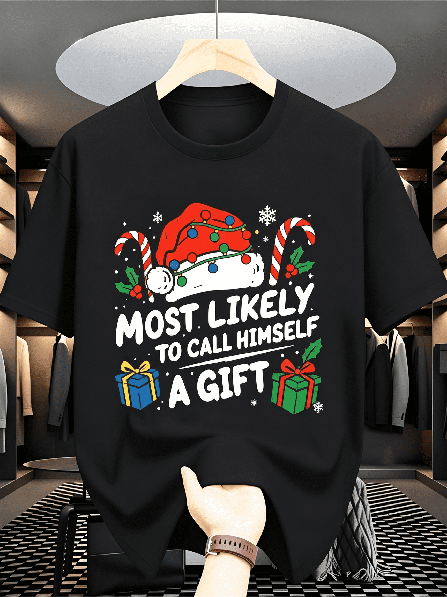 Humorous Christmas T-Shirt for Men - Likely to Refer to Himself As a Present, Novelty Featuring Gumball Candy Cane And Snowflake Patterns