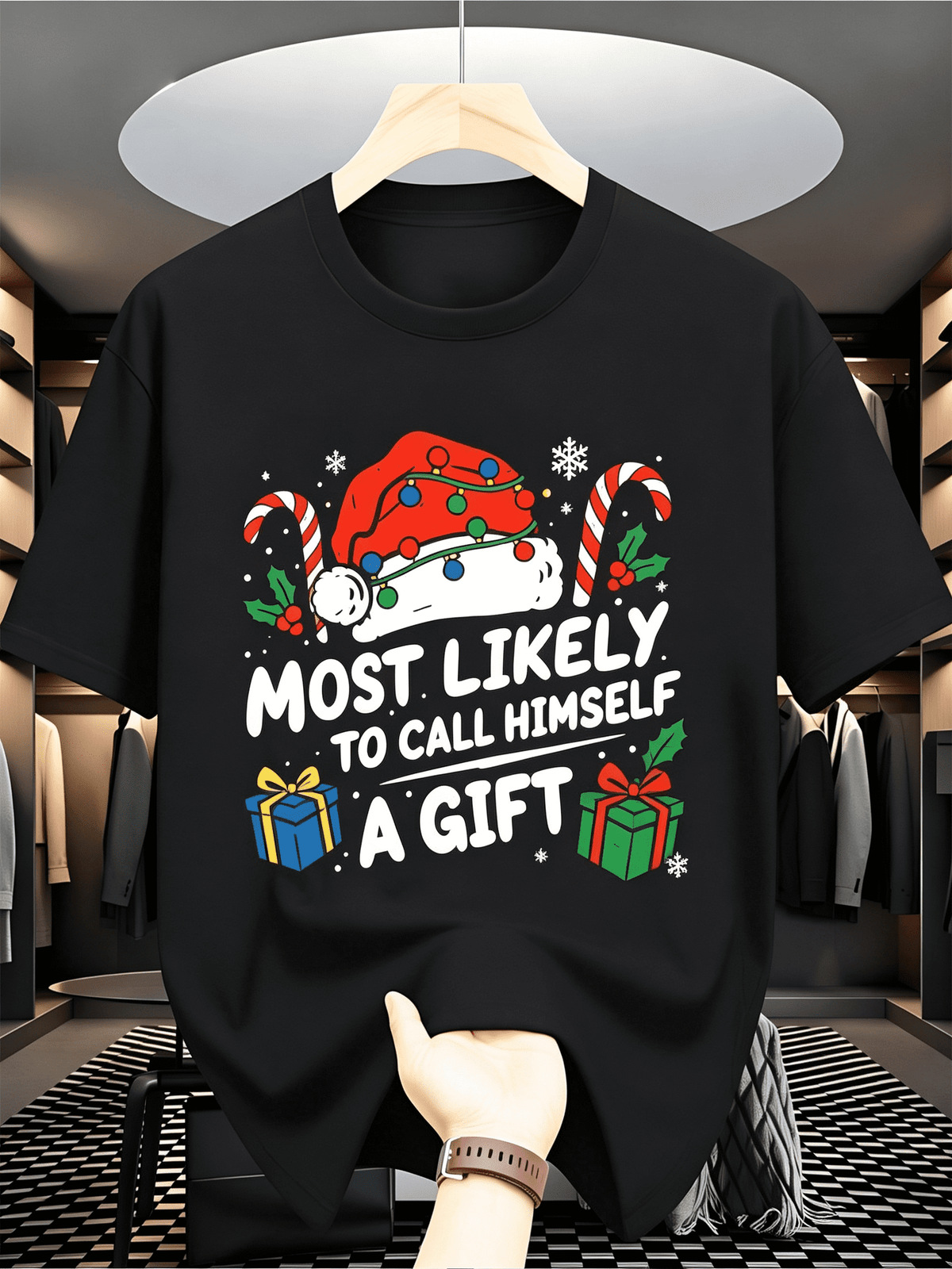 Humorous Christmas T-Shirt for Men - Likely to Refer to Himself As a Present, Novelty Featuring Gumball Candy Cane And Snowflake Patterns