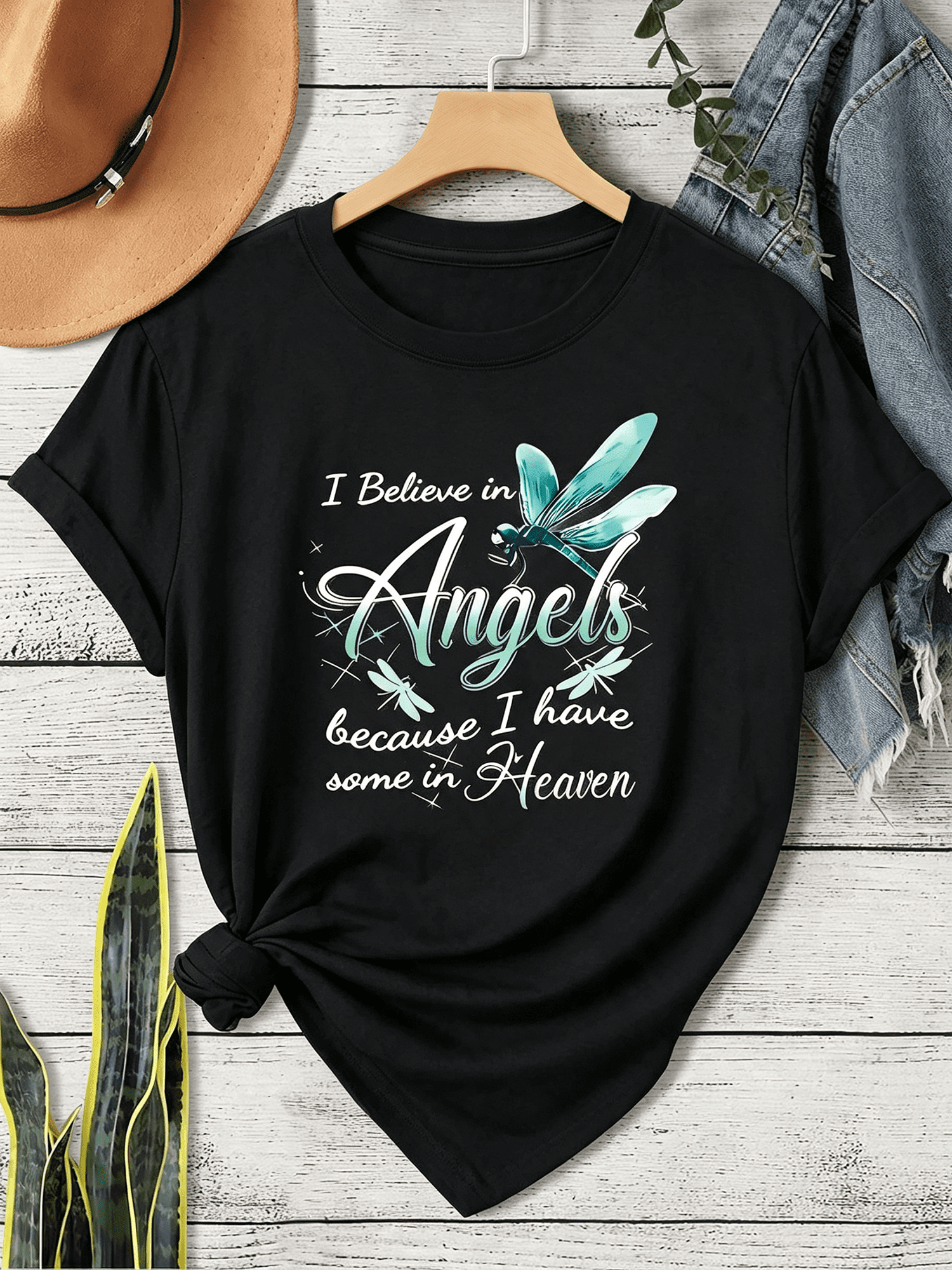 I Believe In Angels Because I Have Some In Heaven Dragonfly Print T-Shirt, Sweet Remembrance Casual Crewneck Shirt For Sympathy Daily Wear