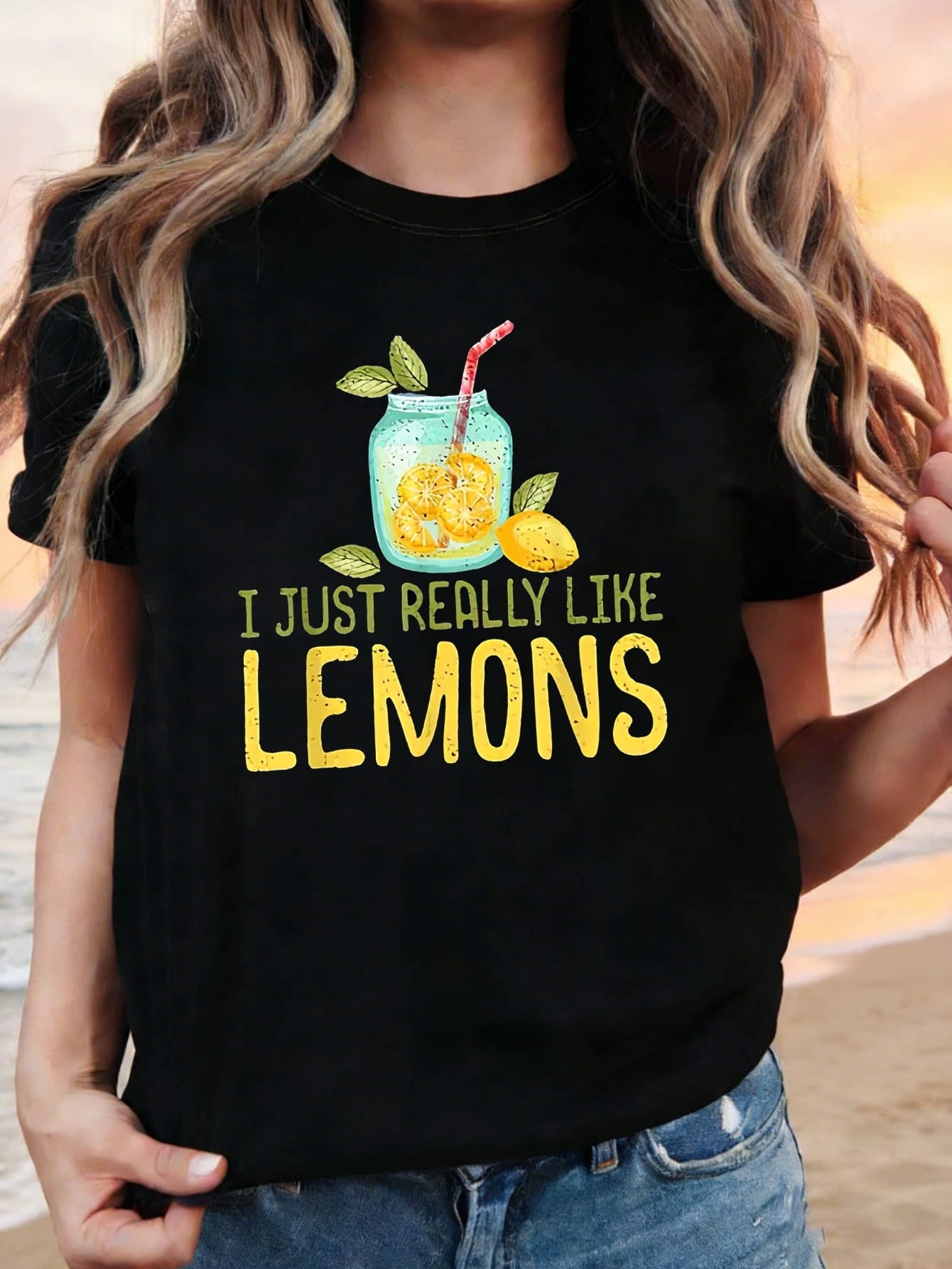 I JUST REALLY LIKE LEMONS Graphic Print Women's T-shirt, Short Sleeve Crew Neck Casual Top, Women's Clothing
