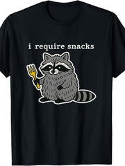 I Require Snacks Raccoon T-Shirt Funny Crew Neck Tee with Stylish Print Casual & Comfortable Travel Clothing for Fashion Enthusiasts Ideal