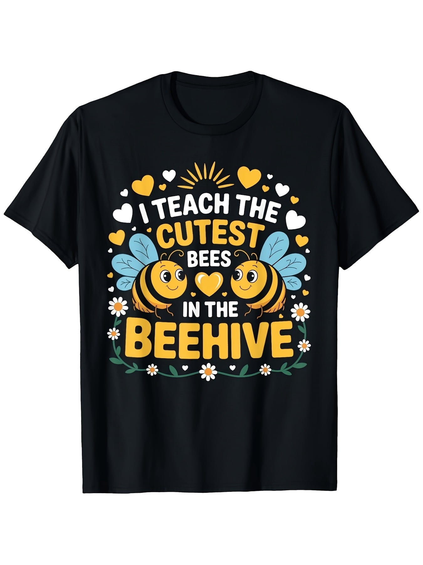 I Teach the Cutest Bees in the Beehive Teacher Graphic T-Shirt, Cute Bee Teacher Appreciation Tee, Floral Crew Neck Short Sleeve Cotton Shirt