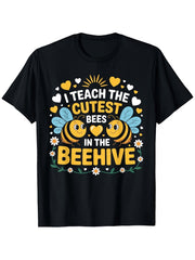 I Teach the Cutest Bees in the Beehive Teacher Graphic T-Shirt, Cute Bee Teacher Appreciation Tee, Floral Crew Neck Short Sleeve Cotton Shirt
