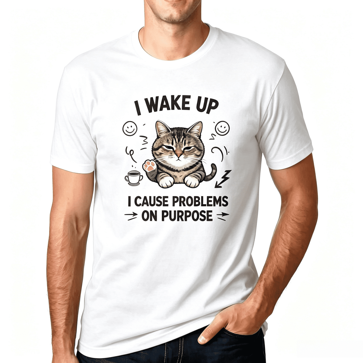 I Wake Up I Cause Problems On Purpose Tabby Cat Graphic T-Shirt Men Women Funny Sarcastic Cat Lover Short Sleeve Tee
