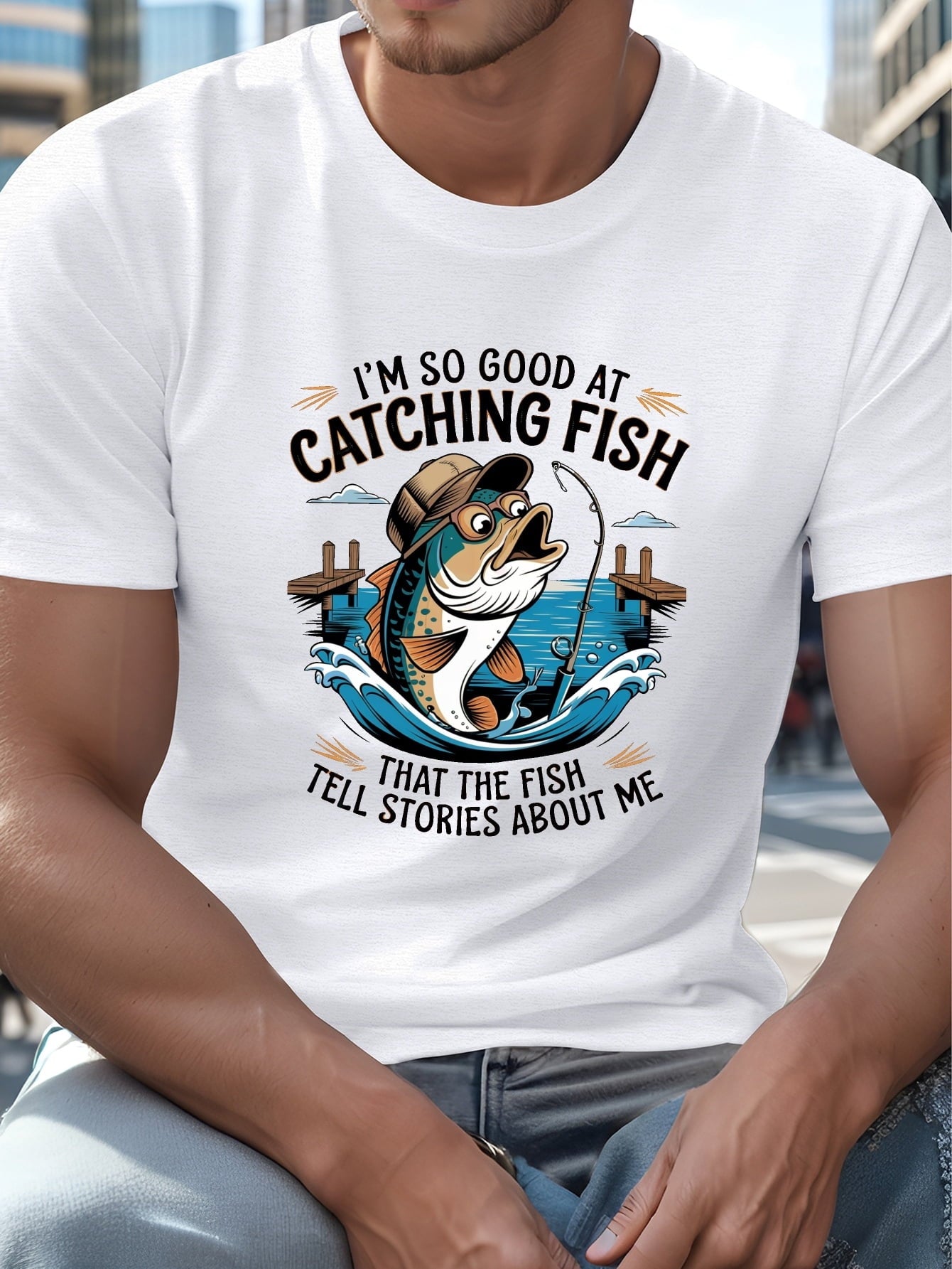 I‘m So Good At Catching Fish That Fish Tell Stories About Me Graphic Tee for Men Women, Funny Old Timer Angler Short Sleeve T-Shirt, Casual Fishing Crew Neck Top for Fisherman Gift