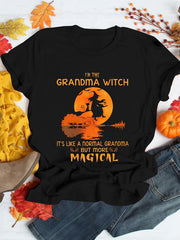 I'm The Grandma Witch Magical Halloween Graphic T-Shirt, Witch Broom Moon Retro Fall Casual Short Sleeve Tee For Grandma