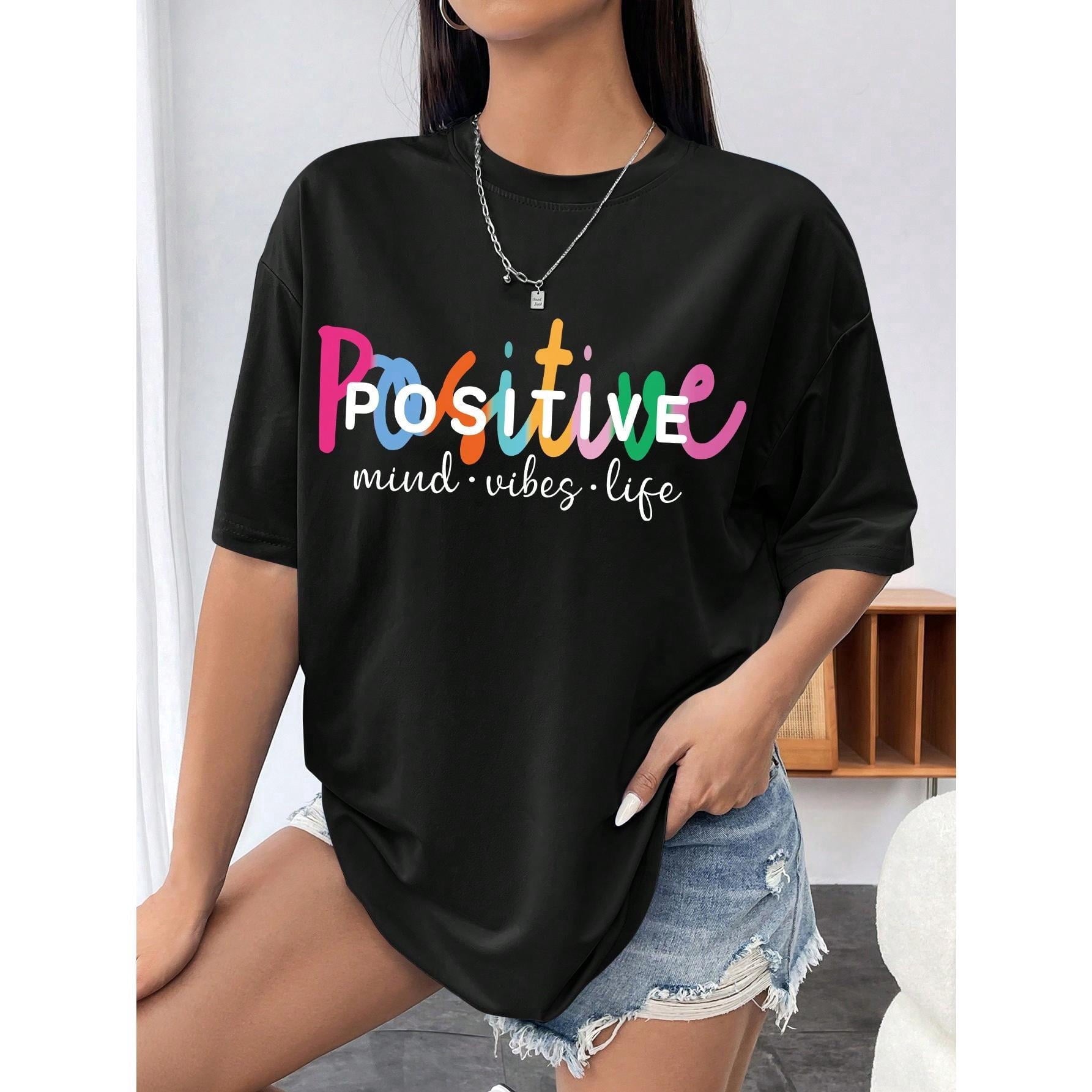 INAWLY Slogan Graphic Drop Shoulder Tee POSITIVE Mind Vibes Life