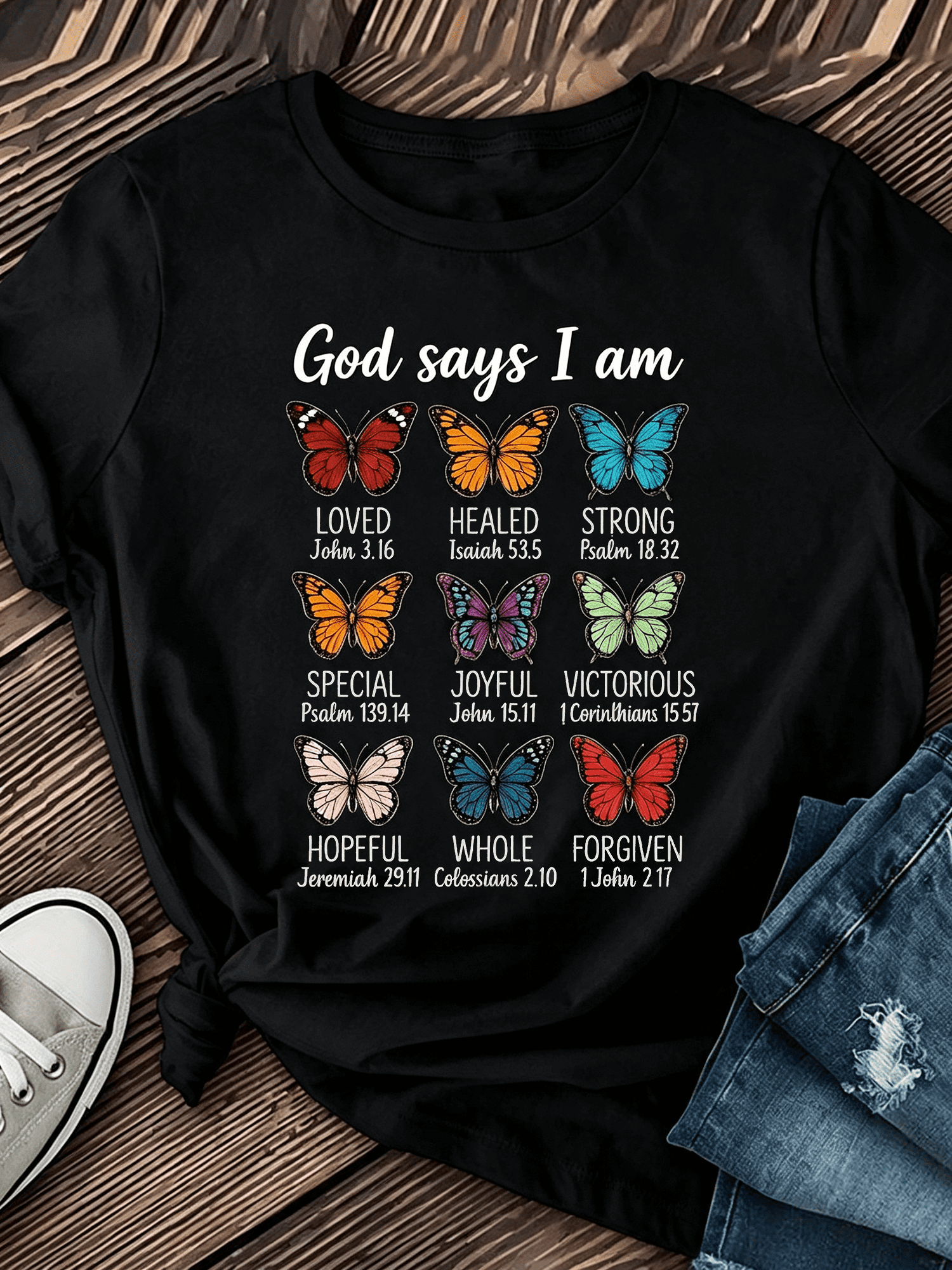 Inspirational Faith Butterfly Graphic T‑Shirt for Women, Casual Crewneck Short Sleeve Tee, Colorful Bible Verse Art Print Everyday Tops