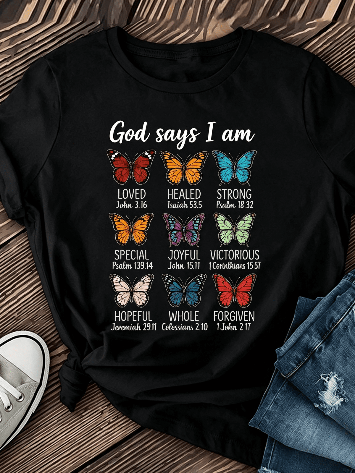 Inspirational Faith Butterfly Graphic T‑Shirt for Women, Casual Crewneck Short Sleeve Tee, Colorful Bible Verse Art Print Everyday Tops