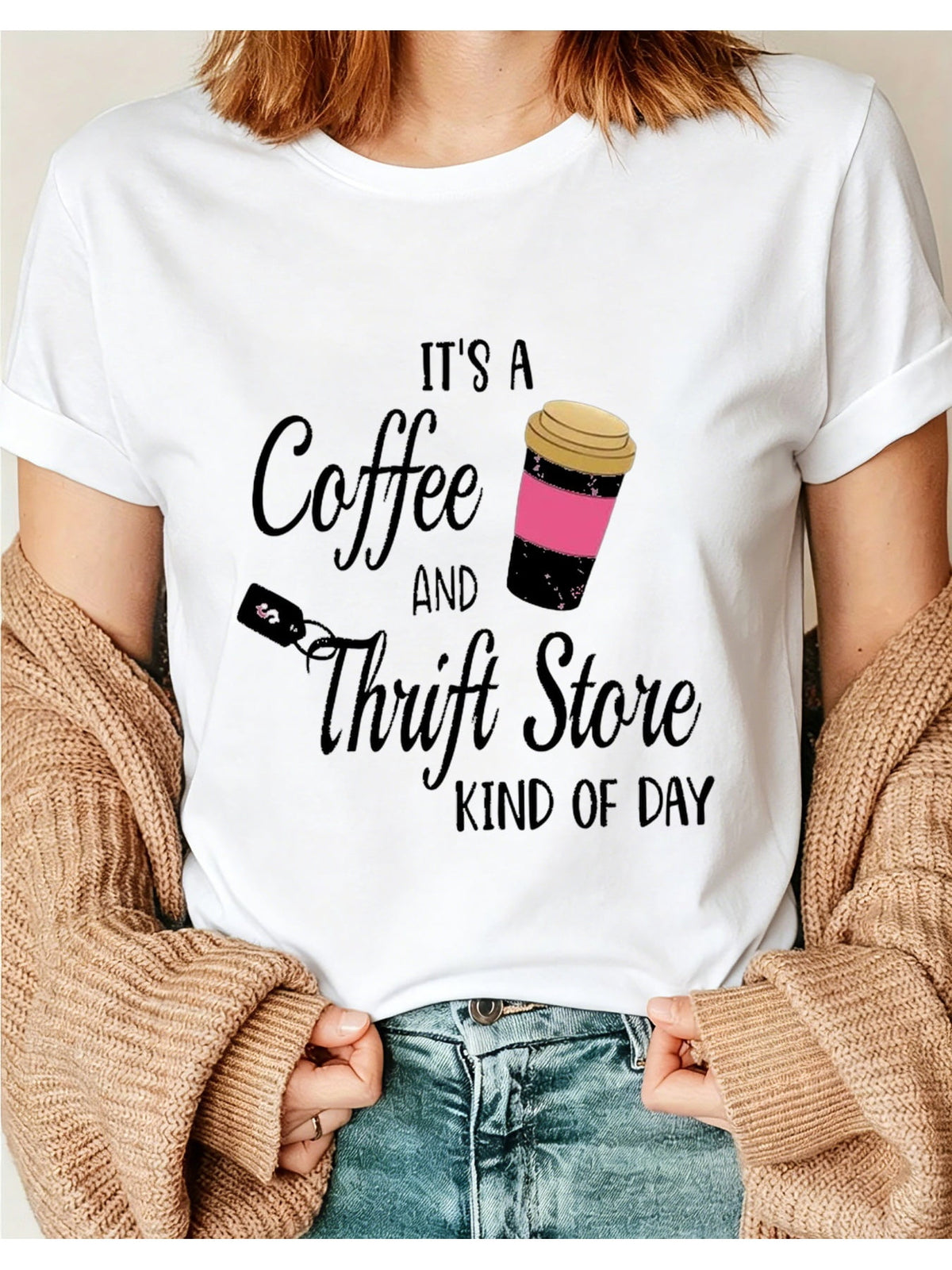 It’s A Coffee And Thrift Store Kind Of Day Graphic T‑Shirt, Fun Coffee Cup Print Crewneck Short Sleeve Tee for Casual Daily Wear