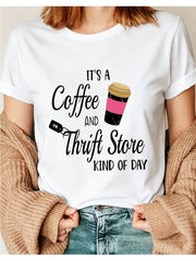 It’s A Coffee And Thrift Store Kind Of Day Graphic T‑Shirt, Fun Coffee Cup Print Crewneck Short Sleeve Tee for Casual Daily Wear