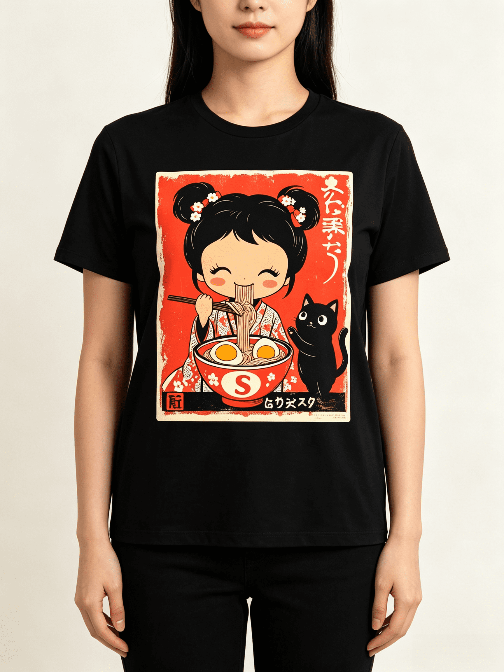 Japanese Kawaii Chibi Girl Black Kitten Anime TShirt Sm Heavyweight Pure Retro Unisex Tee with Cute Ramen Bowl Japanese Text Design Round Neck Short Sleeve Casual Shirt for Men