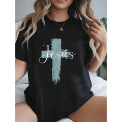 Jesus On Cross Paint Cool Religion God Faith Christian Gift T-Shirt Graphic Print Solid T-Shirt, Women's Casual Short Sleeve Top For Spring & Summer, Women Graphic T-Shirts