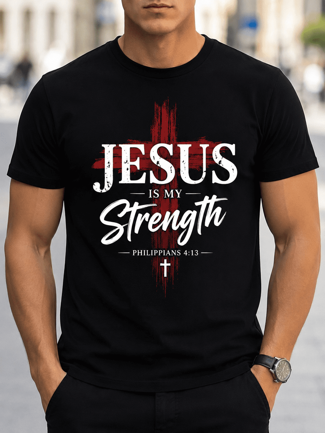 Jesus Is My Strength Christian T-Shirt for Men | Philippians 4:13 Faith Graphic Tee
